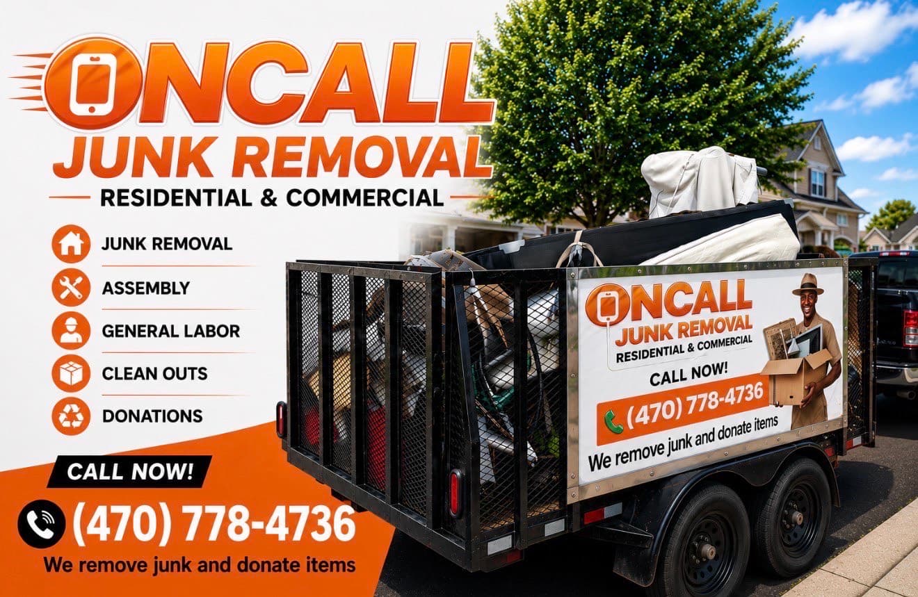 OnCall Junk Removal branded trailer loaded with furniture and appliances for a residential pickup